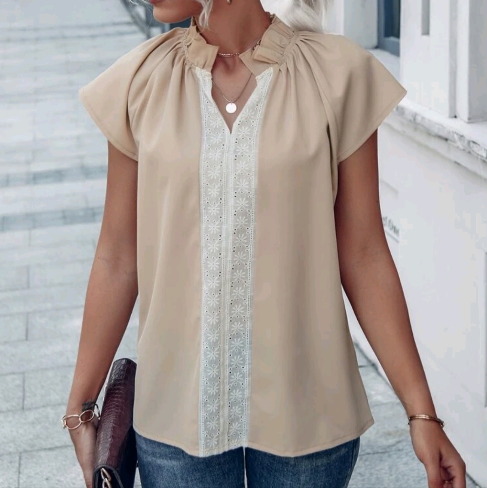 Elegant Beige Blouse Lace Trim Lettuce Neck Elegant Sophisticated Tan Classy